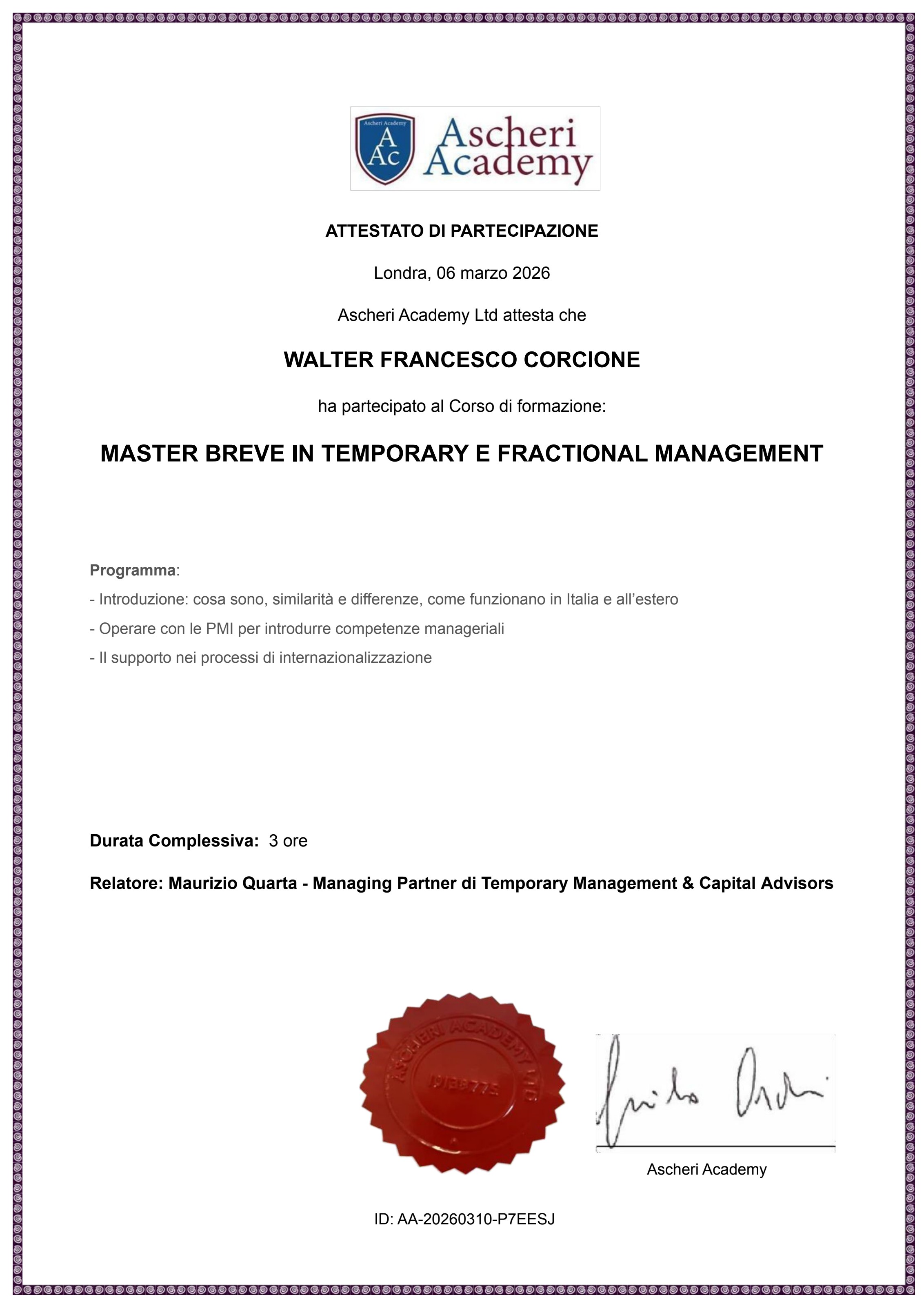 Master Breve in Temporary & Fractional Management